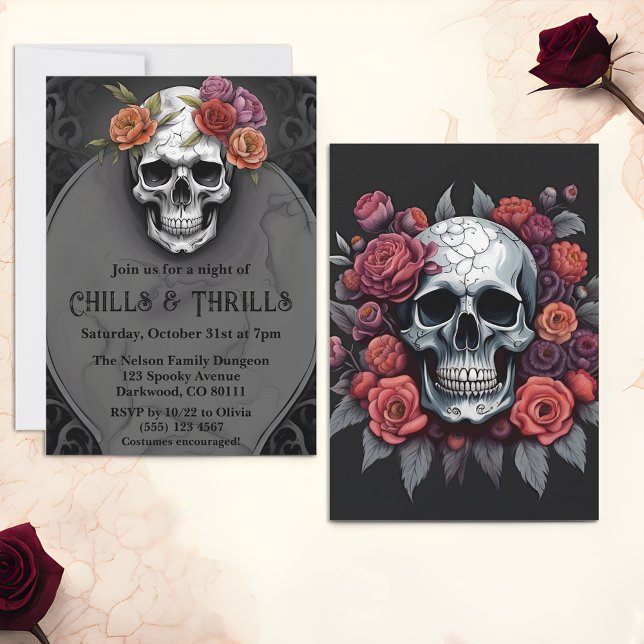 Inbjudningar till Blommigt Macabre Skull Halloween (🌹 Macabre Elegance: Floral Skull Halloween Invitations! 🦇)
