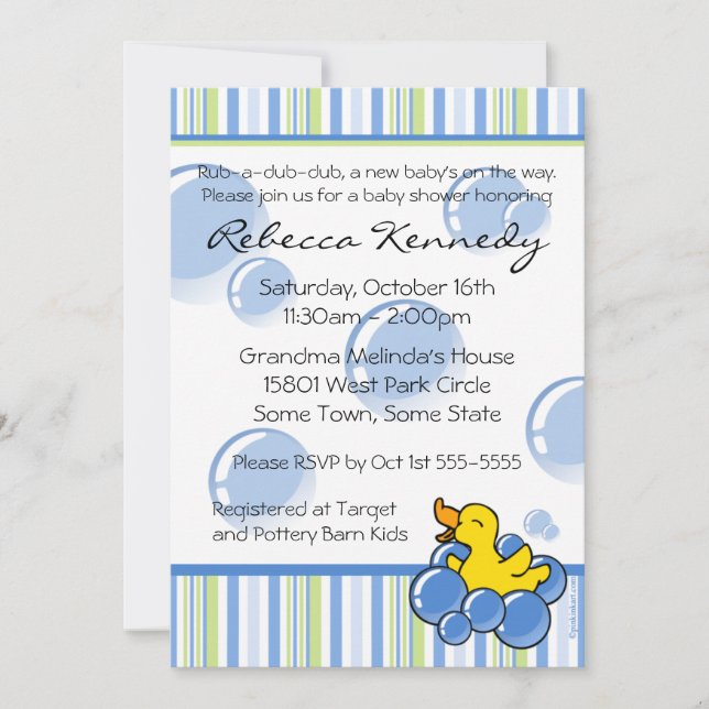 Inbjudningar till Blue Bubble Ducky Baby Shower (Framsida)