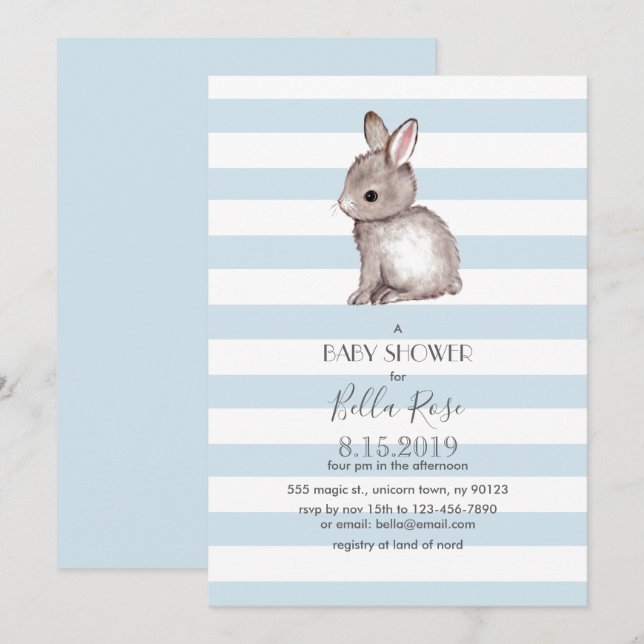 Inbjudningar till Blue grått Bunny babydusch (Fram/baksida)