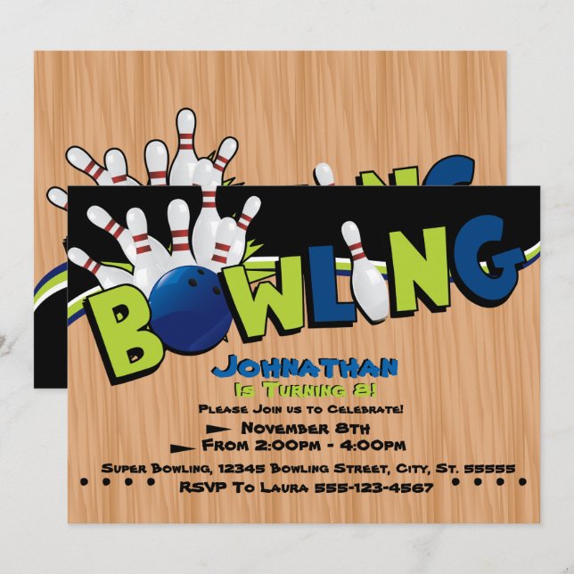 Inbjudningar till Bright & Roligt Bowling Birthday (Fram/baksida)