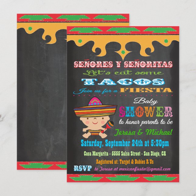 Inbjudningar till Chalkboard Mexican Fiesta Baby S (Fram/baksida)
