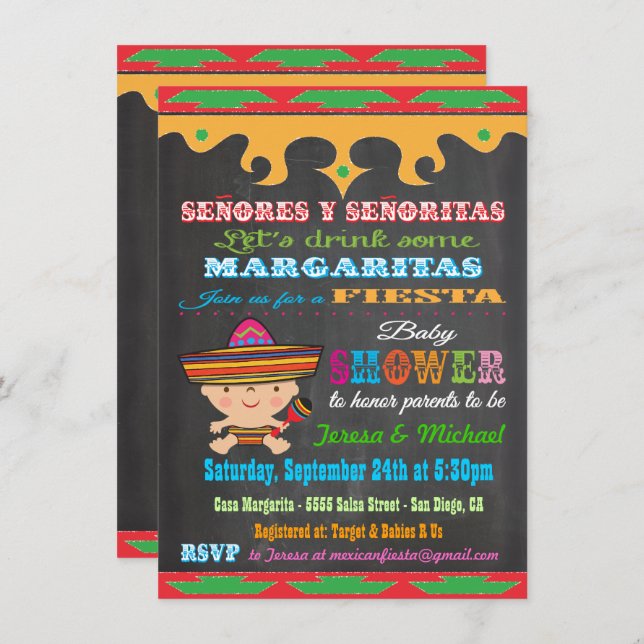 Inbjudningar till Chalkboard Mexican Fiesta Baby S (Fram/baksida)