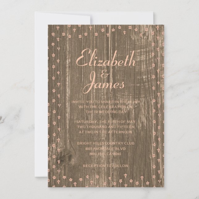 Inbjudningar till Coral Rustic Land Barn Wood Wedd (Framsida)