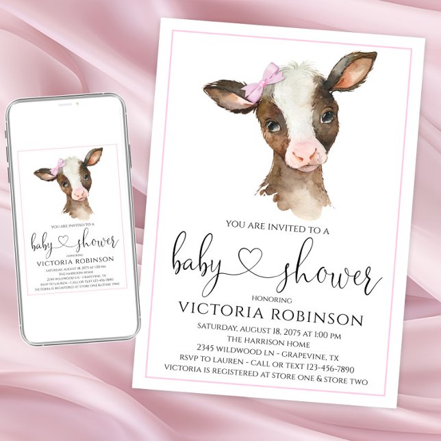 Inbjudningar till Cute Cow Girl-babybesökare (Adorable cow baby shower invitations. Instant download and printed invitations available.)