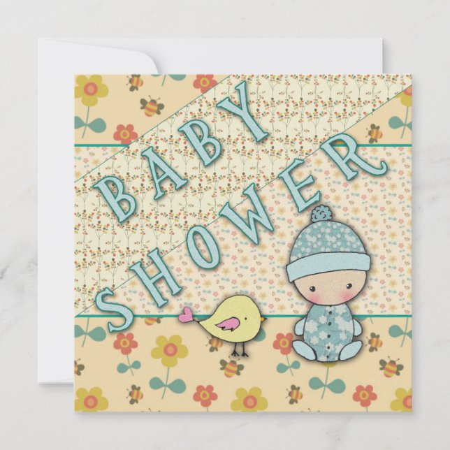 Inbjudningar till Cute Pojke och Bird Baby Shower (Framsida)