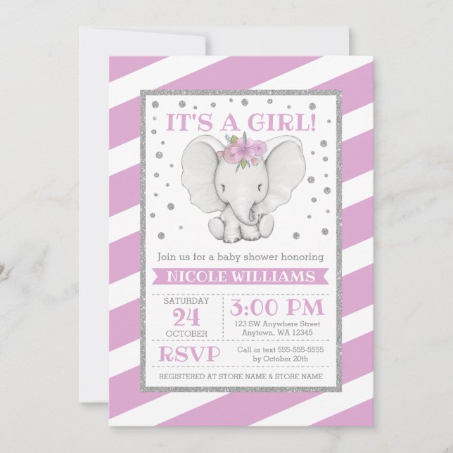 Inbjudningar till elefant Lila Rand Baby Shower (Framsida)