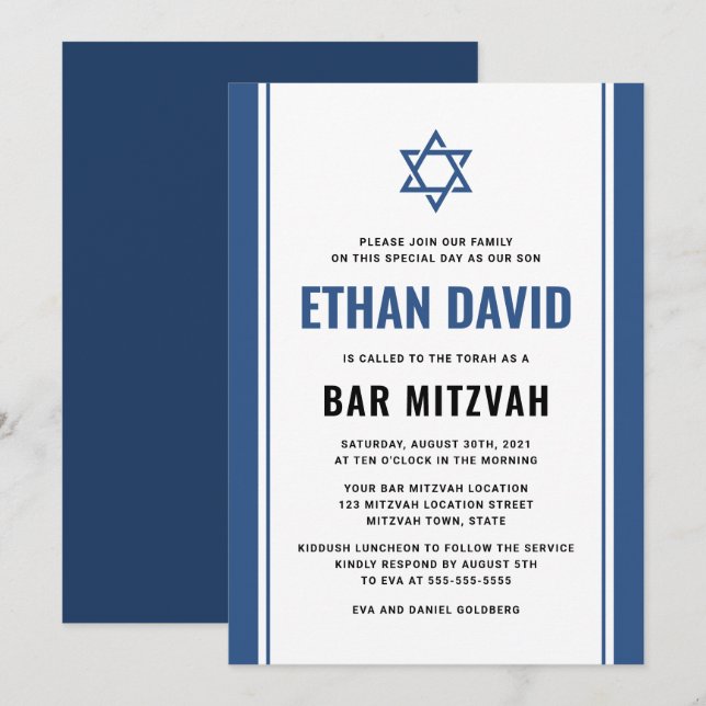 Inbjudningar till elegant blue pub mitzvah (Fram/baksida)