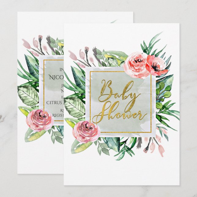 Inbjudningar till elegant Modern Blommigt Baby Sho (Fram/baksida)