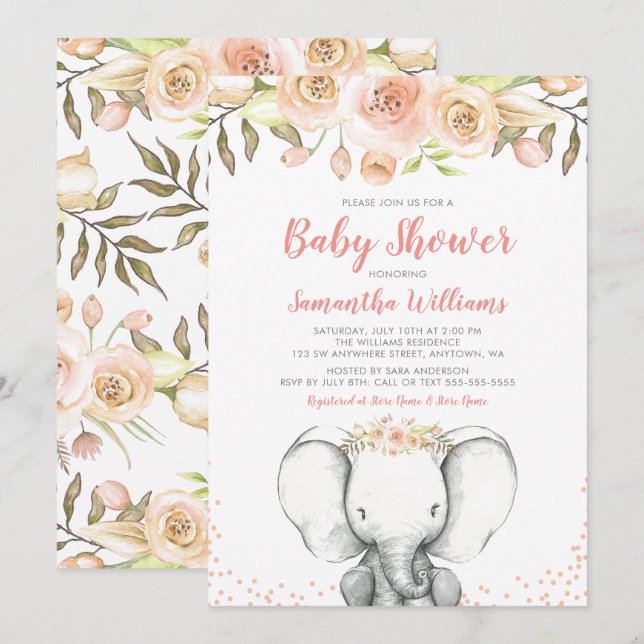 Inbjudningar till Elephant Girl Baby Shower på vat (Fram/baksida)