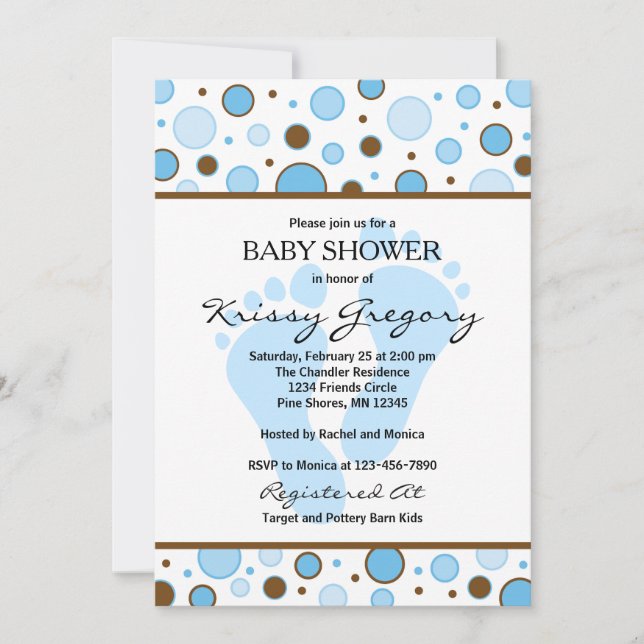 Inbjudningar till Feet och Dots Blue Baby Shower (Framsida)