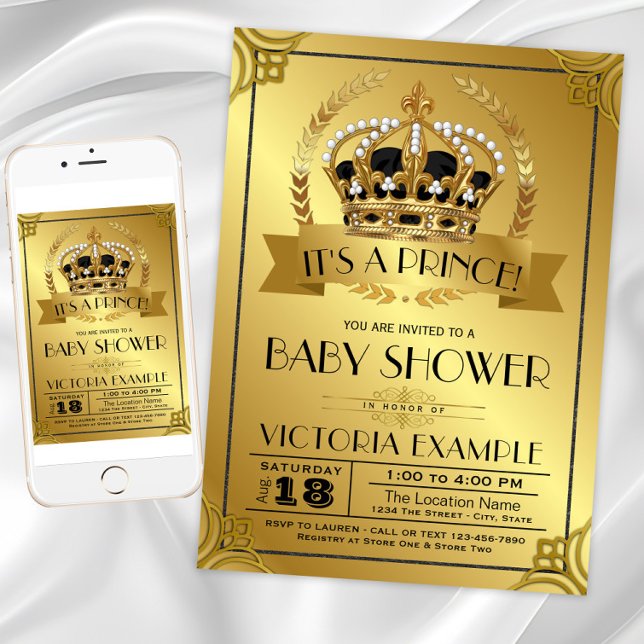 Inbjudningar till Finare Black Guld Prince Baby Sh (Black gold prince baby shower invitation. Instant download and printed invitations available.)