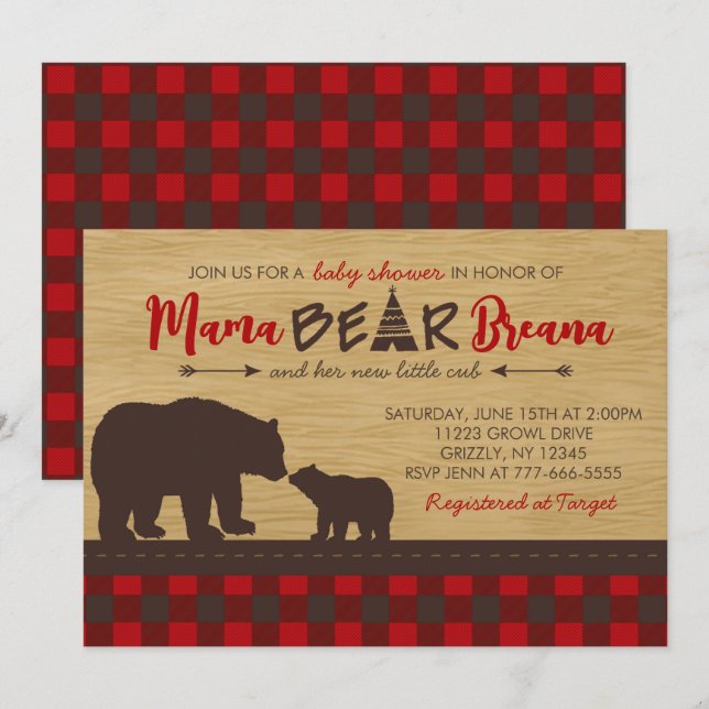 Inbjudningar till Flanals Mamma Bear Baby Shower (Fram/baksida)
