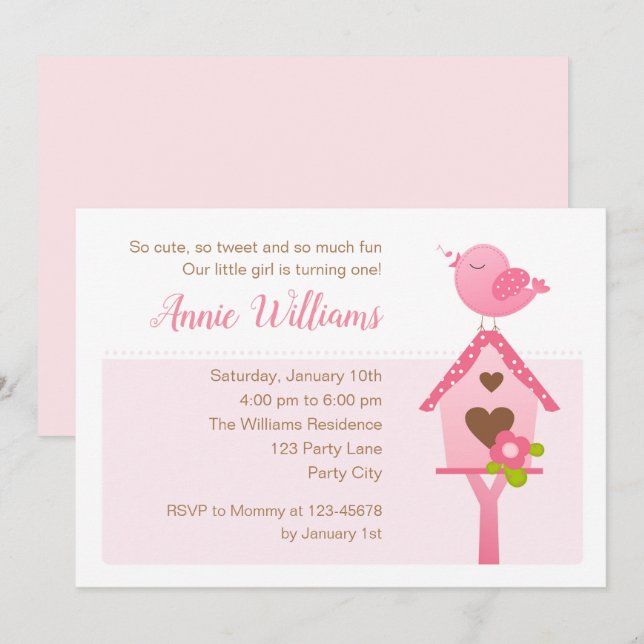 Inbjudningar till födelsedagstid (Rosa 1:a födelse (Fram/baksida)