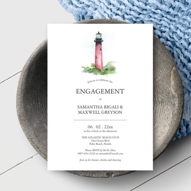 Inbjudningar till Förlovningsfesten för kustfyr (Online engagement invitations feature unique nautical lighthouse art by Victoria Grigaliunas)