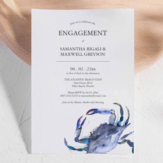 Inbjudningar till förlovningsfesten VattenfärgsCra (Beach theme crab invites for engagement feature a unique crab design and art by Victoria Grigaliunas)