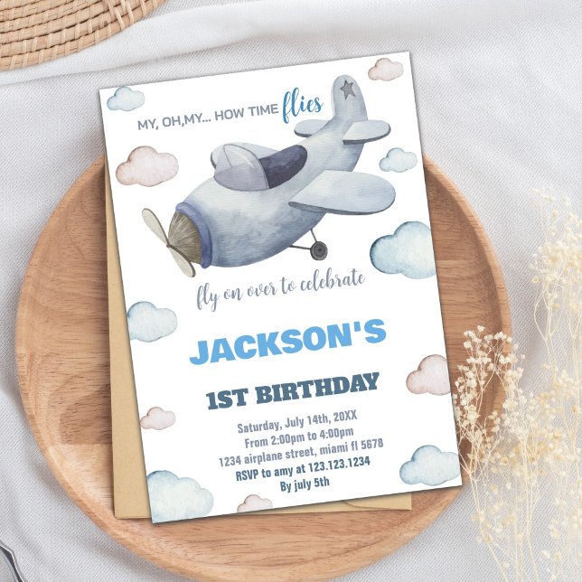 Inbjudningar till grått Blue Airplan Birthday Birt (Gray Blue Airplane Birthday Invitations)