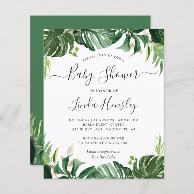 Inbjudningar till Grey Tropical Baby Shower (Fram/baksida)
