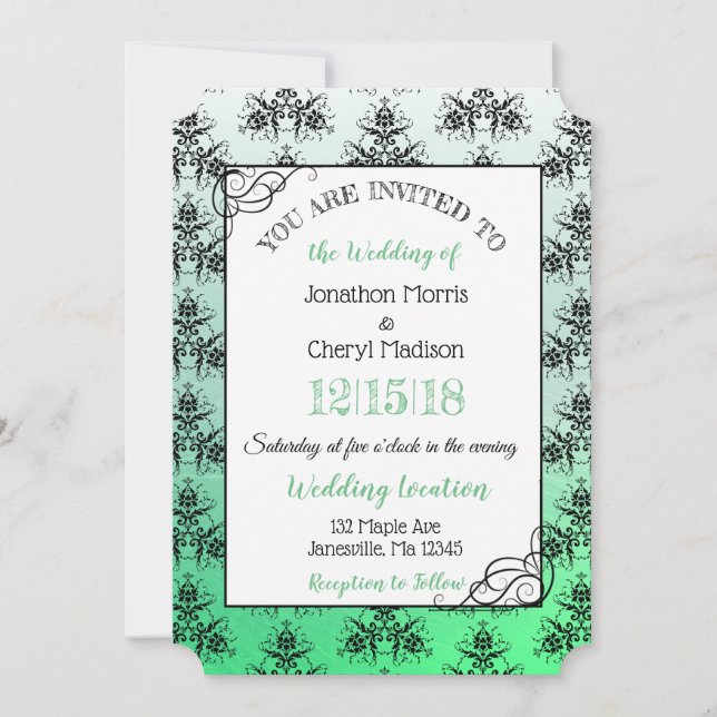 Inbjudningar till grönt Black Damask Classy Weddin (Framsida)