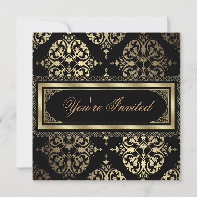 Inbjudningar till Guld Black Damask Party i elegan (Framsida)