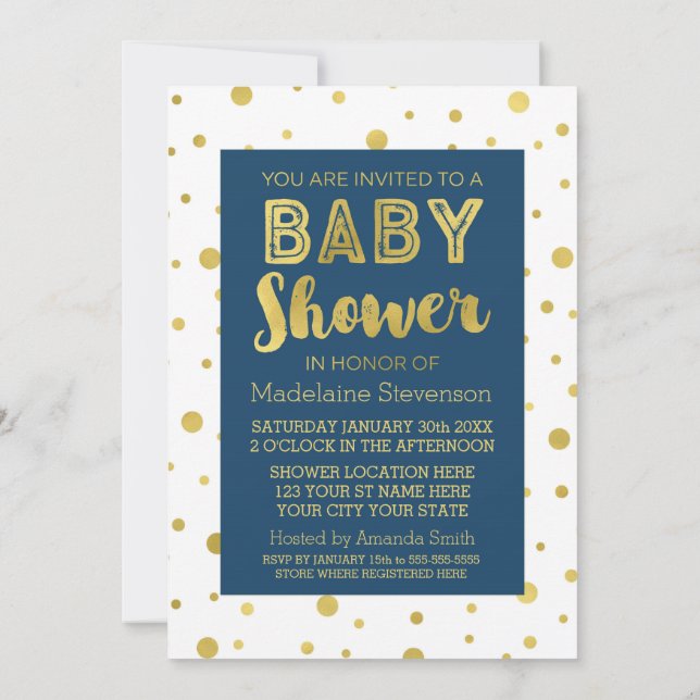 Inbjudningar till Guld Confetti Navy Blue Baby Sho (Baksida)