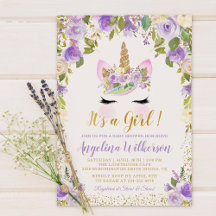 Inbjudningar till guld Lila Blommigt Unicorn Baby 