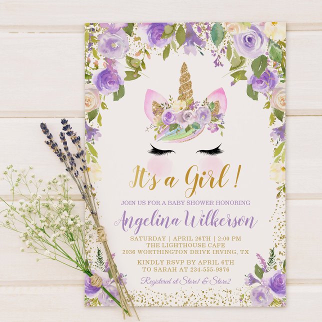 Inbjudningar till guld Lila Blommigt Unicorn Baby  (Skapare uppladdad)
