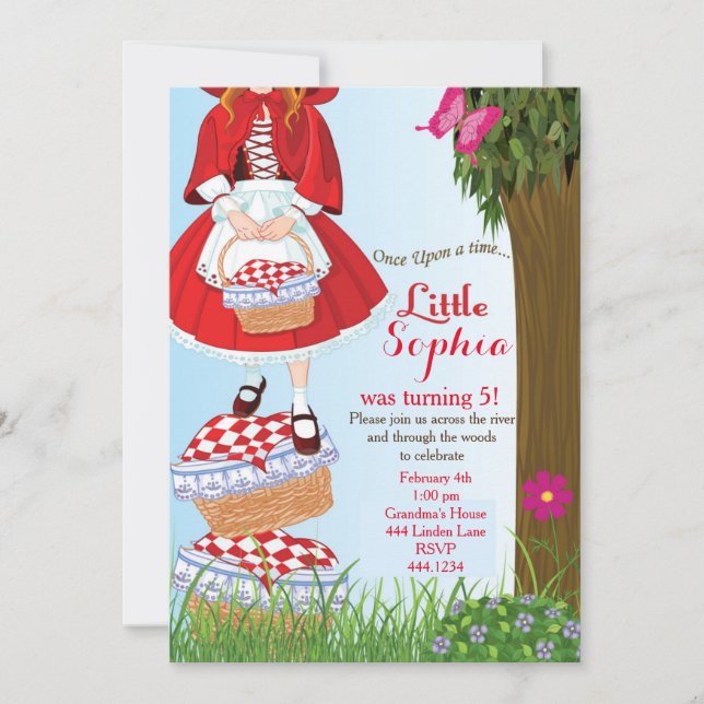 Inbjudningar till Huvan Little Red Riding på födel (Framsida)