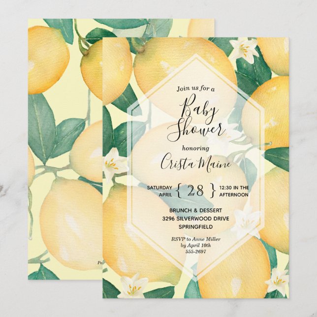 Inbjudningar till Lemon- och Grey Baby Shower (Fram/baksida)