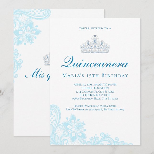 Inbjudningar till Light Blue Snöre Quinceanera (Fram/baksida)