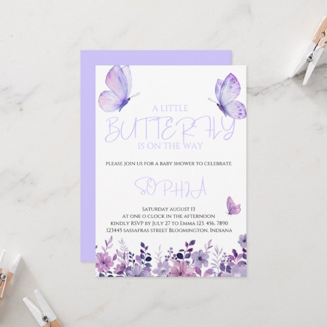 Inbjudningar till lila Butterfly Baby Shower (Fram/Back In Situ)