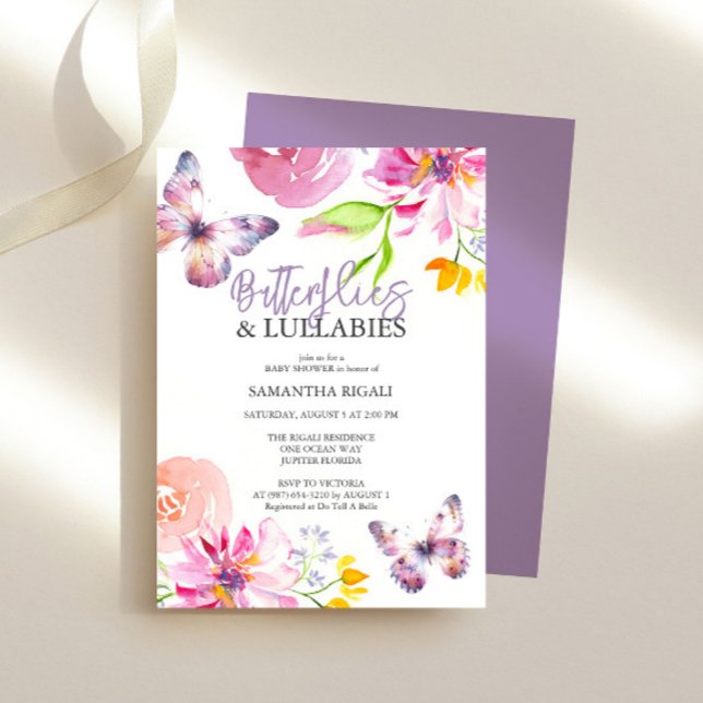 Inbjudningar till lila Butterfly Baby Shower (purple butterfly baby shower invitations features watercolor floral art by Victoria Grigaliunas)