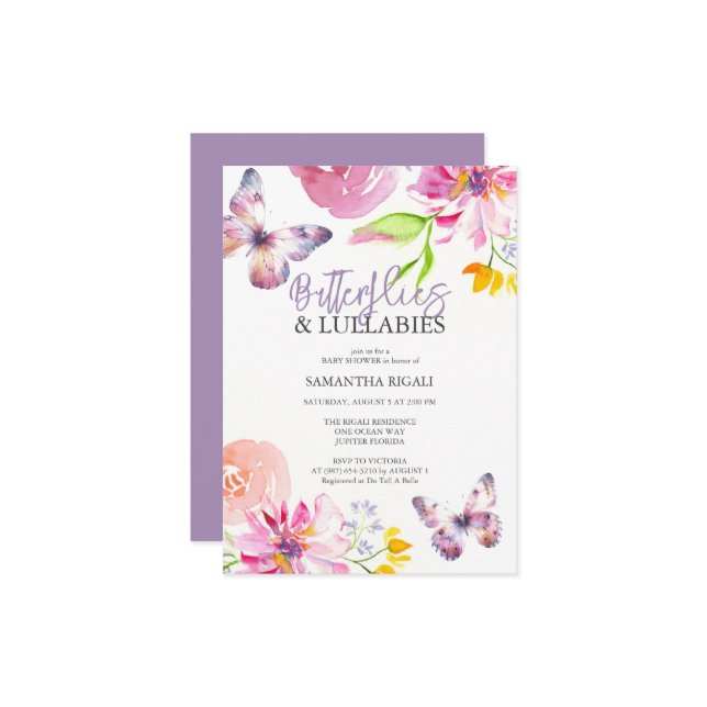 Inbjudningar till lila Butterfly Baby Shower (Fram/Back In Situ)