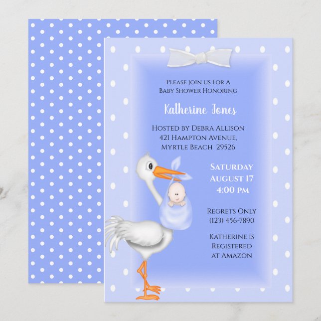 Inbjudningar till lila Stork och Pojke Shower (Fram/baksida)