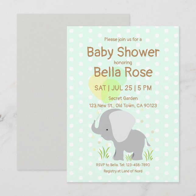 Inbjudningar till Mint Elephant Baby Shower (Fram/baksida)