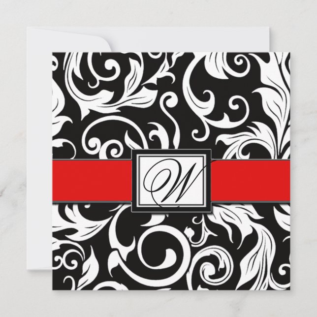 Inbjudningar till Monogram Black & Red Damask Wedd (Framsida)
