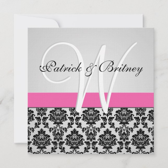 Inbjudningar till Monogram Rosa och Silver Damasku (Framsida)
