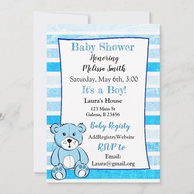 Inbjudningar till nalle Blue Boy Baby Shower (Framsida)