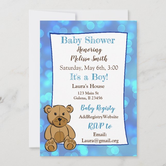 Inbjudningar till nalle Blue Boy Baby Shower (Framsida)