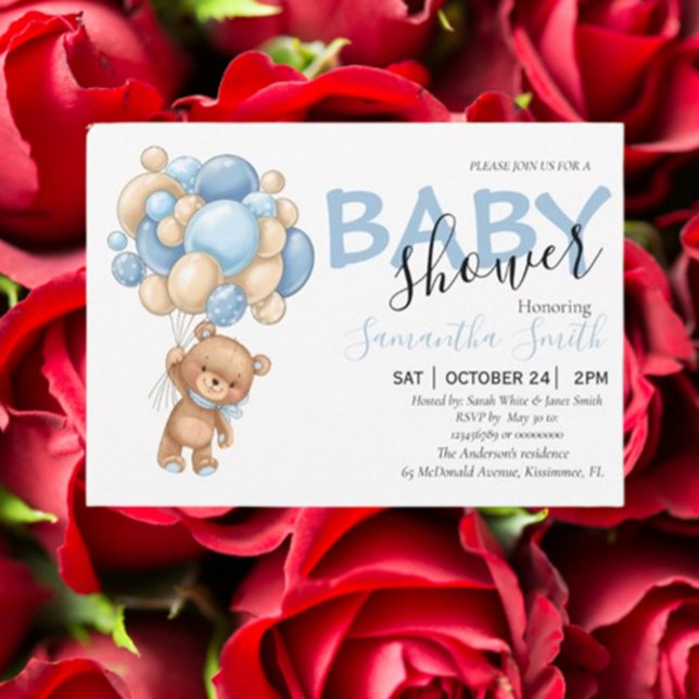 Inbjudningar till nallens Blue Balloon Baby Shower (Celebrate your little one with adorable teddy bear blue balloon baby shower invitations.)