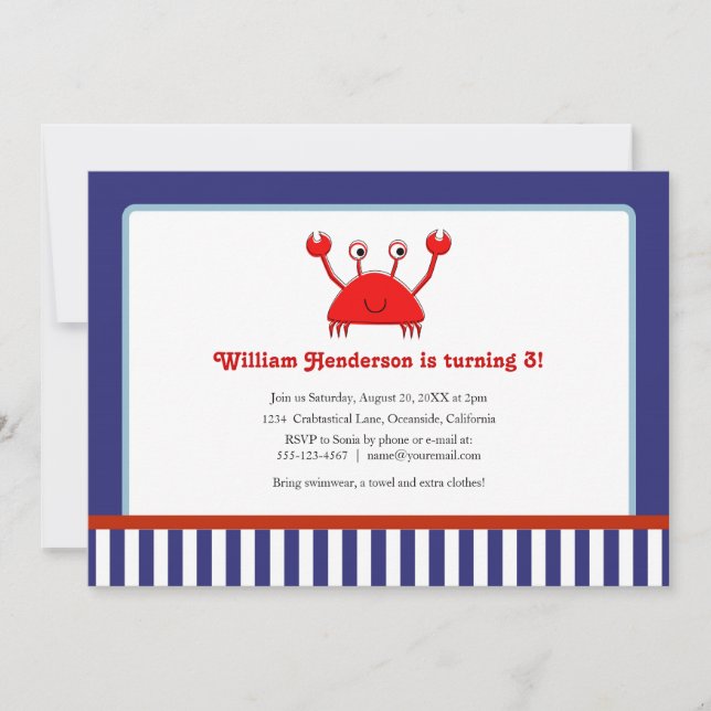 Inbjudningar till Nautical Birthday i Red Crab (Framsida)