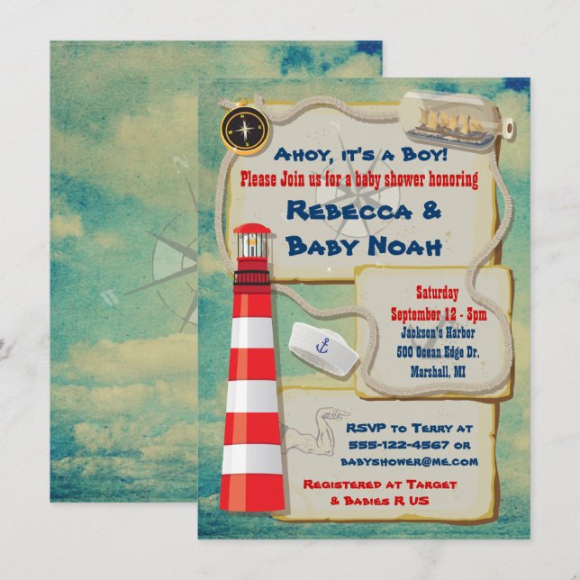 Inbjudningar till Nautical Sailor Baby Shower (Fram/baksida)