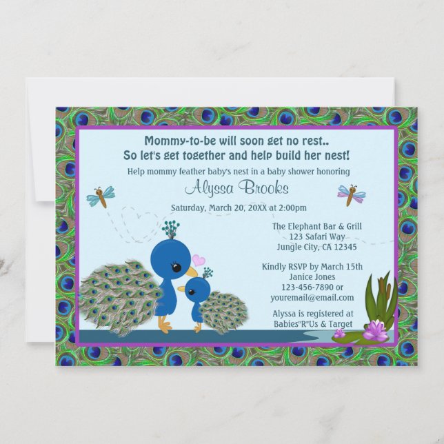 Inbjudningar till peacock Baby Shower Girls Boys # (Framsida)