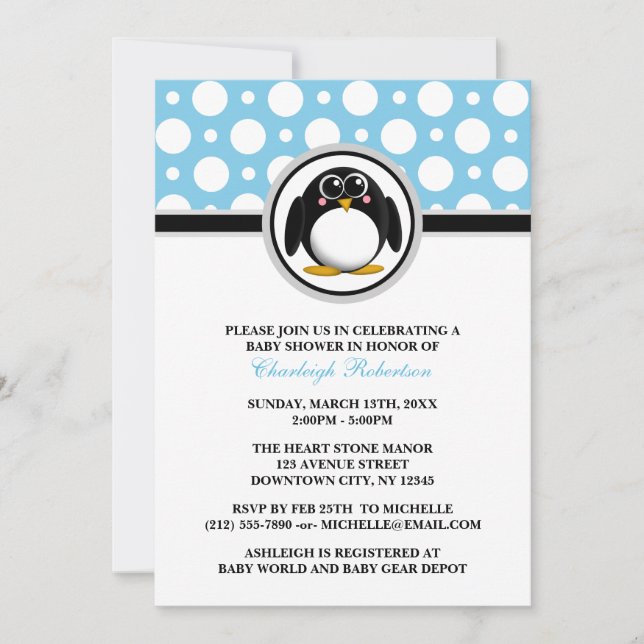 Inbjudningar till Penguin Blue Polka Dot Baby Show (Framsida)