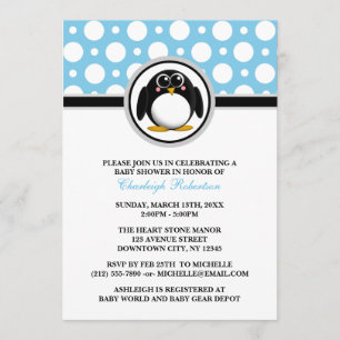 Inbjudningar till Penguin Blue Polka Dot Baby Show