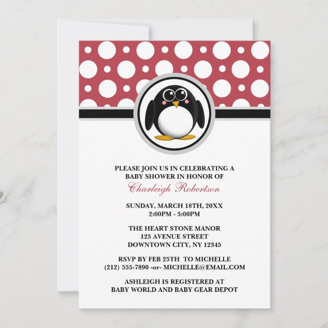 Inbjudningar till Penguin Red Polka Dot Baby Showe (Framsida)