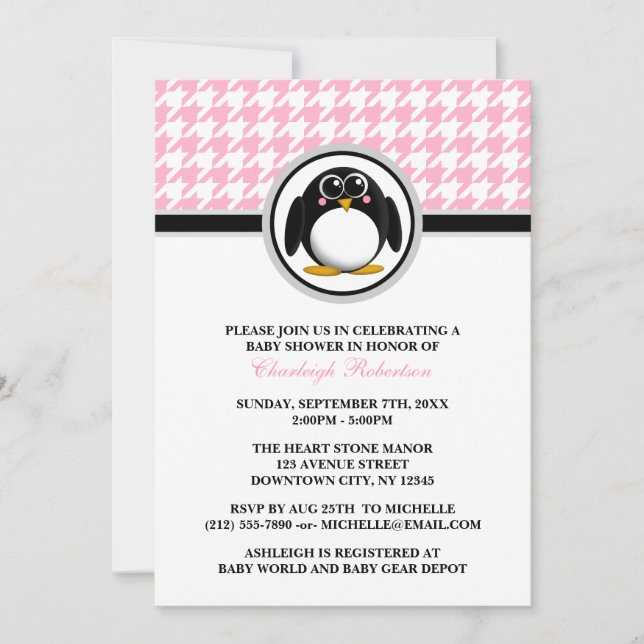 Inbjudningar till Penguin Rosa Houndstooth Baby Sh (Framsida)