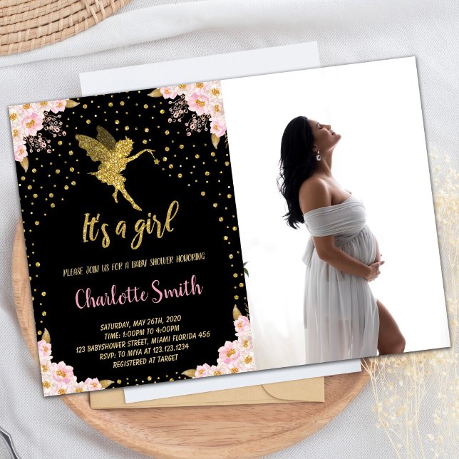 Inbjudningar till Photo Black Fairy Blommigt Baby  (Photo Black Fairy Floral Baby Shower Invitations)