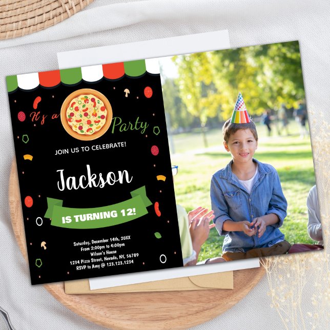Inbjudningar till Photo Black Red Pizza Birthday (Photo Black Red Pizza Birthday Invitations)