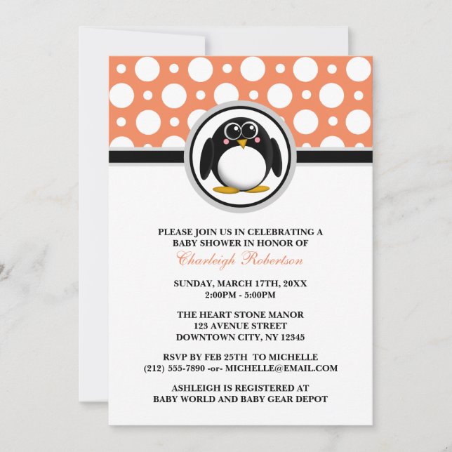 Inbjudningar till Pingguin Orange Polka Dot Baby S (Framsida)