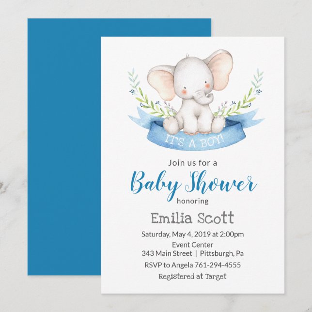 Inbjudningar till pojke Elephant Baby Shower (Fram/baksida)